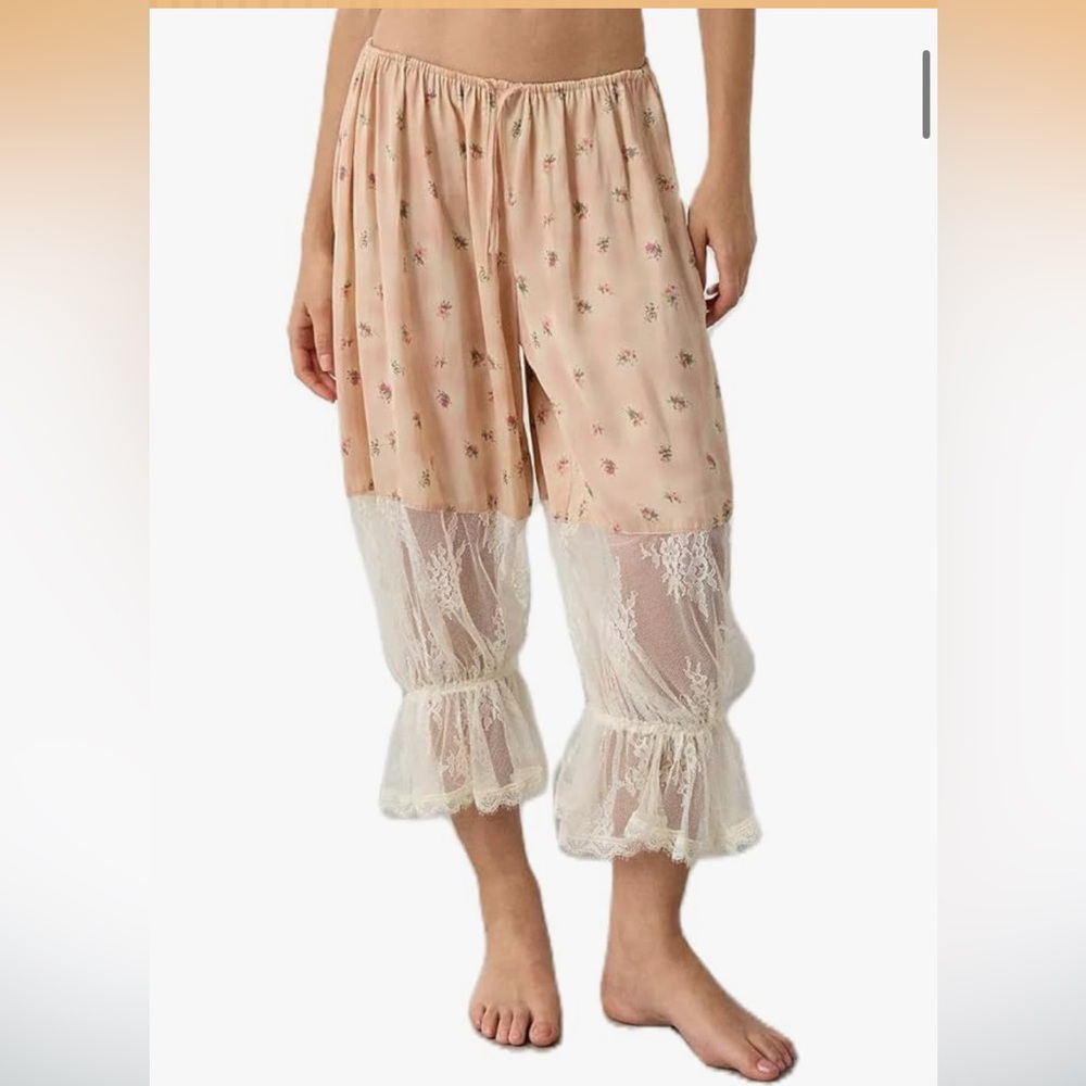 Peach Floral Lace-Trim Pants with Sheer Ruffle Cuffs